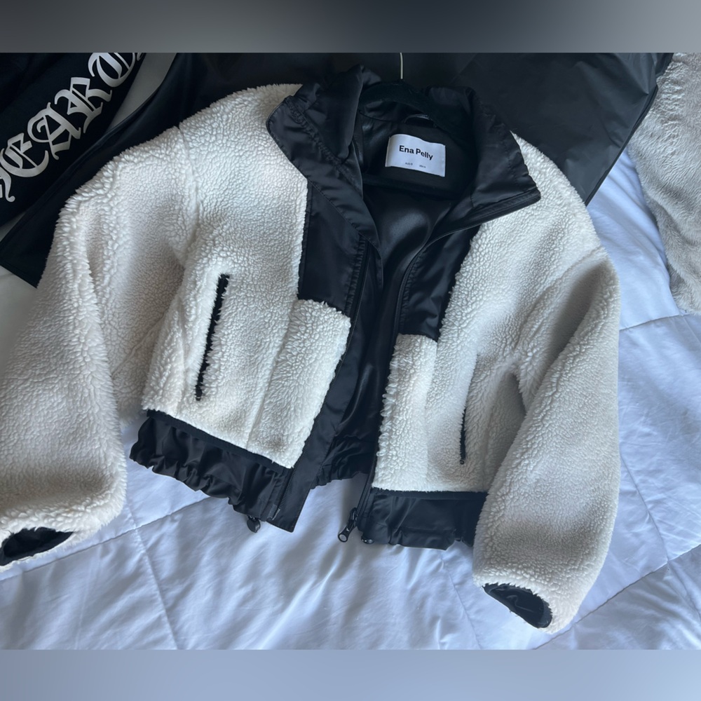Ena Pelly Black & White Faux Fur Pia Bomber Jacket